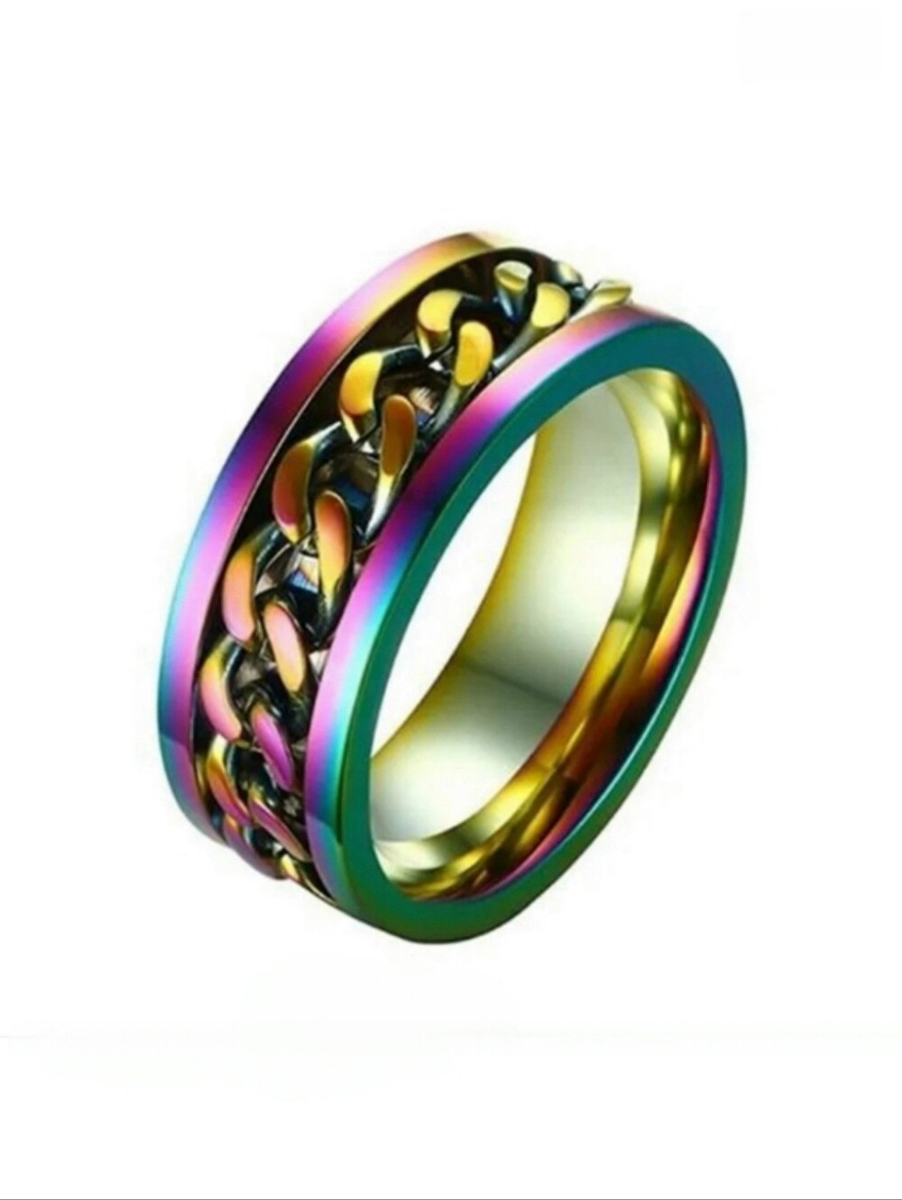 Stainless Steel Colorful Rainbow Tye-Dye 8mm Chain Spin ADHD Fidget Ring Band